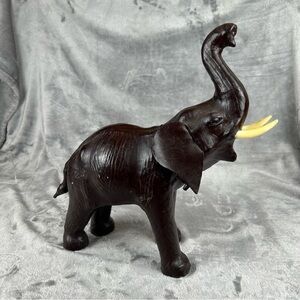 Leather Wrapped Elephant Figure LARGE 13" Glass Eyes Hand Made Statue